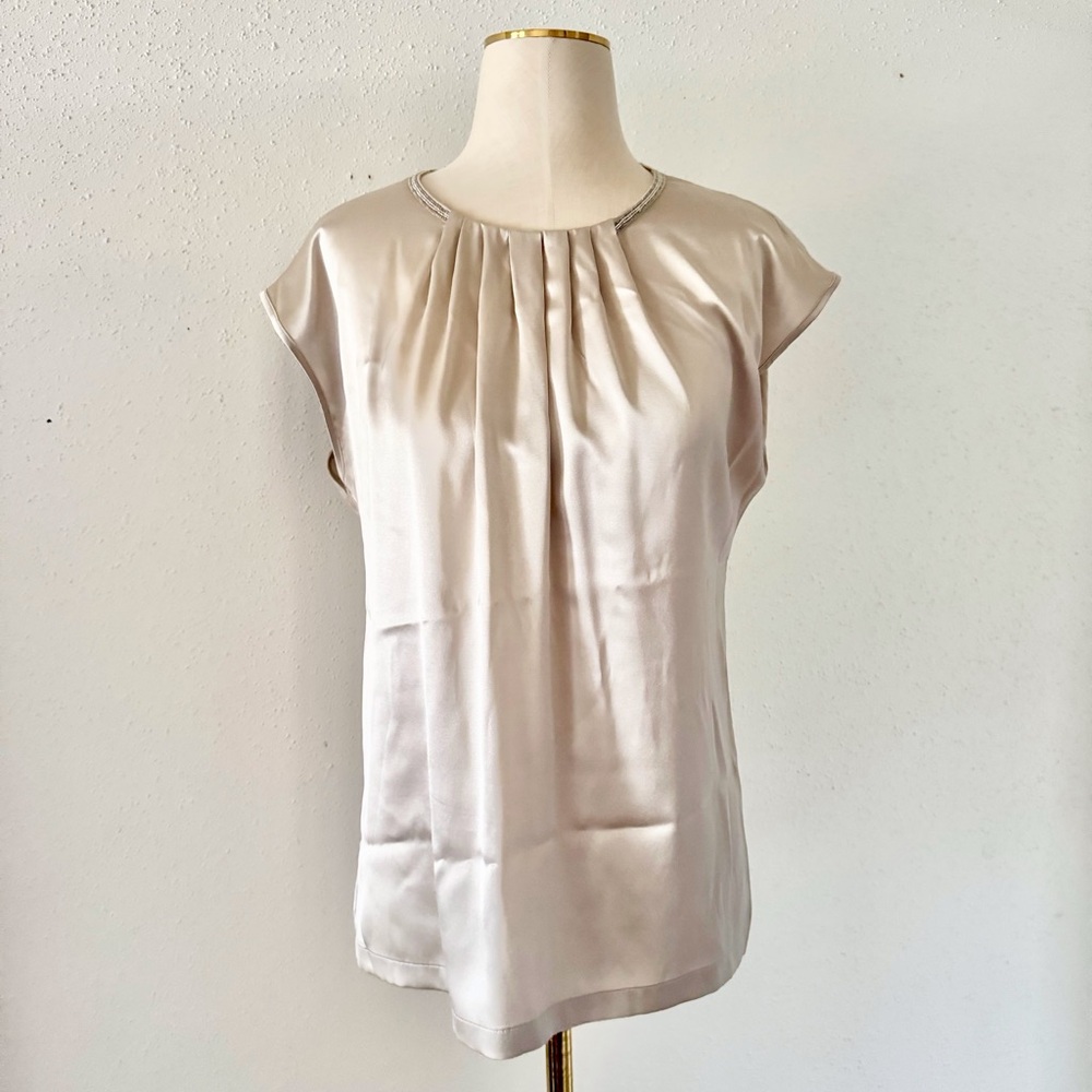 PESERICO Shiny Silk Satin Beaded Sleeveless Flowy Blouse Top Women's Size Small